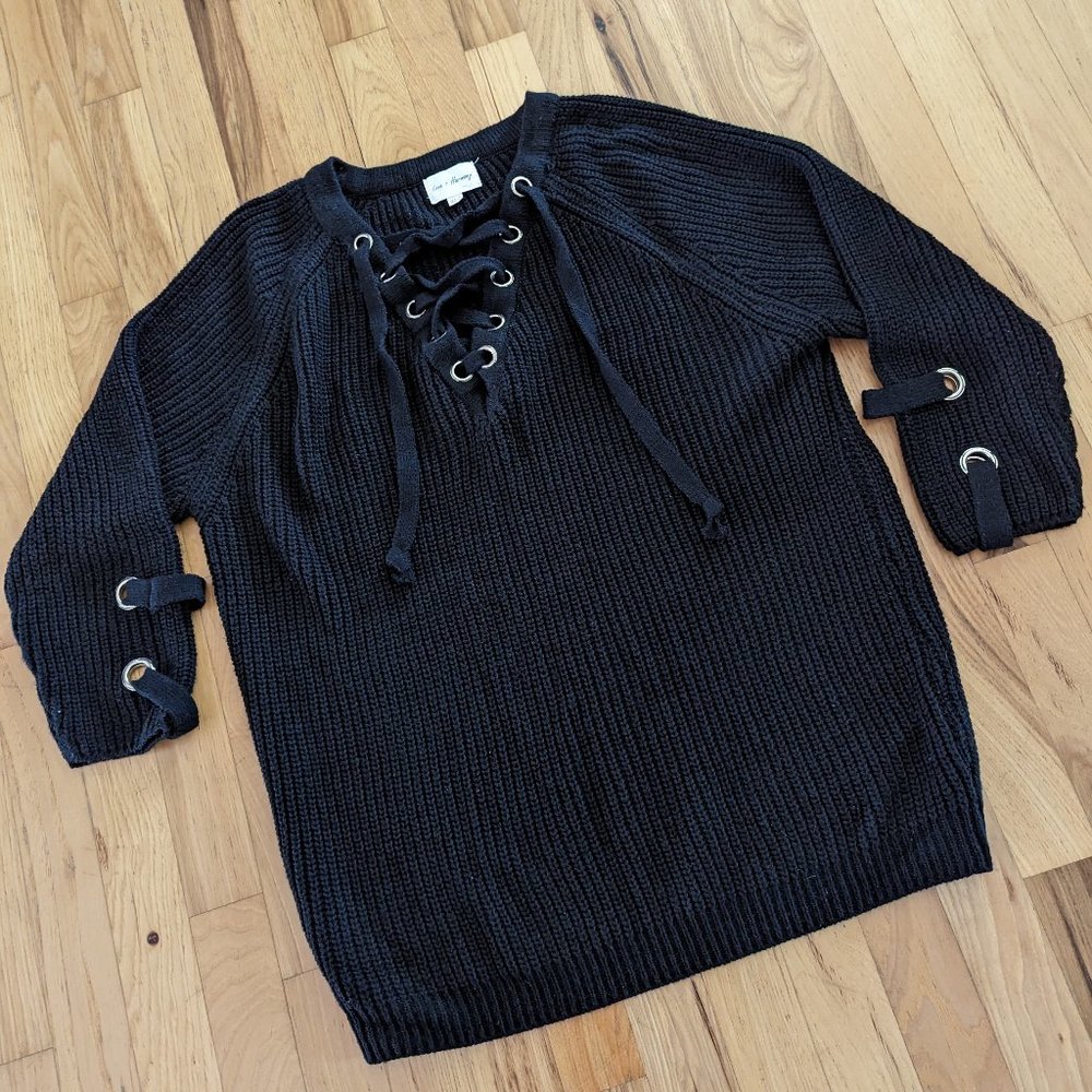 Love + Harmony V-Neck Long Sleeve Lace Up Sweater Cable Knit Black XS/S - Picture 4 of 9
